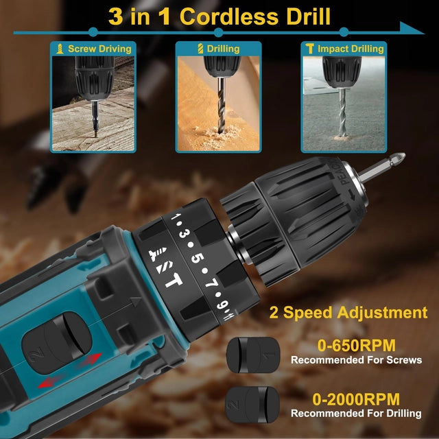 VOERJIA 21v Cordless Drill with 2 Batteries and Charger