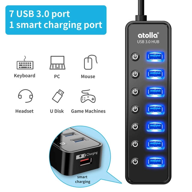 Powered USB 3.0 Hub 20w, 7 Multi USB Data Ports