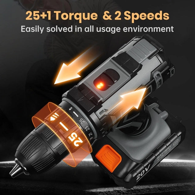 FAHEFANA Cordless Drill, 20V Battery Drill with 2 Batteries 2.0Ah