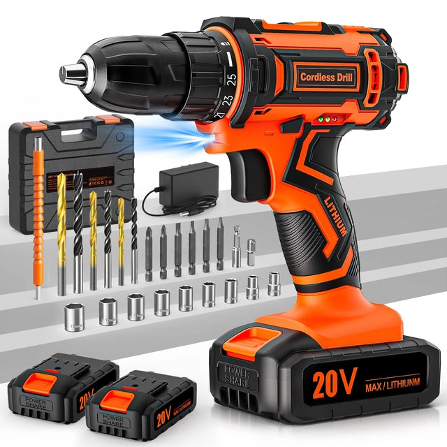 FAHEFANA 20v Cordless Drill, Drill Set, 2 Batteries, 2000mah and Charger