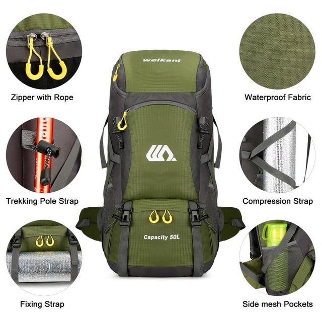 Waterproof 50L Hiking Backpack, Lightweight with Rain Cover.