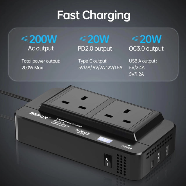 BGFOX 200w Car/Campervan/Van Power Inverter, 6-in-1, DC 12v to 240v AC