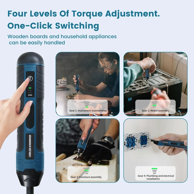 Electric Cordless Screwdriver, 3.6v Rechargeable with 4 Gear Torque and LED Light