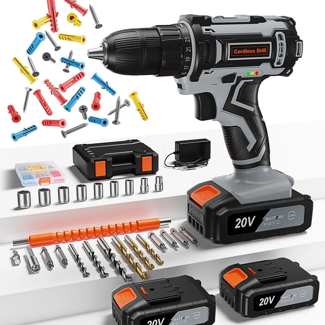 FAHEFANA Cordless Drill, 20V Battery Drill with 2 Batteries 2.0Ah