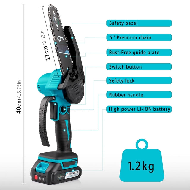 Cordless 6inch Mini Chainsaw with 2x Battery and Charger