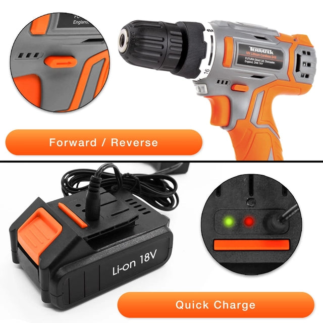 Terratek Cordless Drill Driver, 18V Lithium-Ion, 13Pc Electric Screwdriver Set