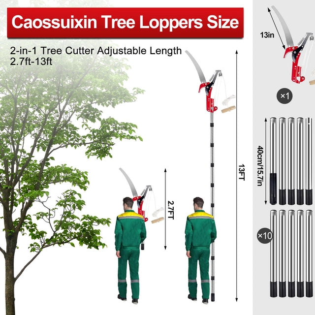 Caossuixin 2-in-1 Telescopic Tree Loppers, 2.7ft to 13ft Long Reach, Carbon Steel Blade