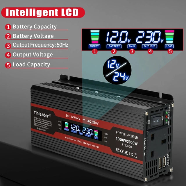 Yinleader 2000w Car/Campervan/Van Power Inverter, DC 12v/24v to 240v AC