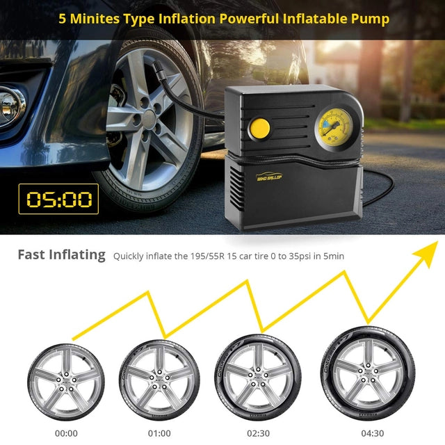 WindGallop Car Tyre Inflator, 12v with Tyre Valve Adapters