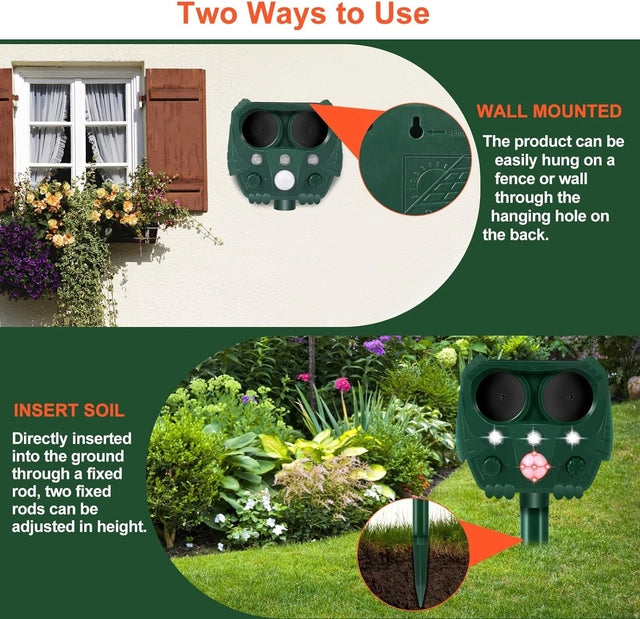 Cat/Fox/Dog Repellent for Gardens, Waterproof, Ultrasonic, 5 Modes, LED Flash