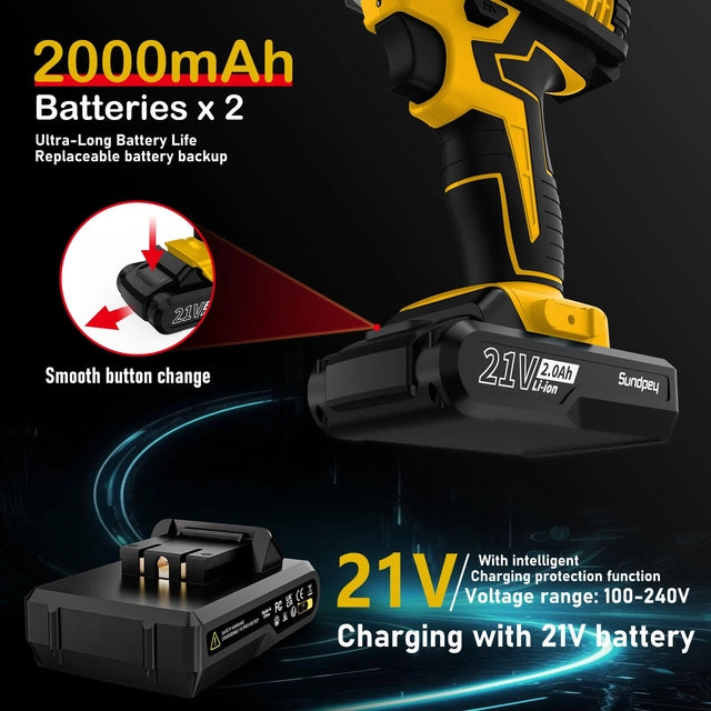 Sundpey Cordless Drill Set 21v - Drill Driver with 2 Batteries 2.0Ah