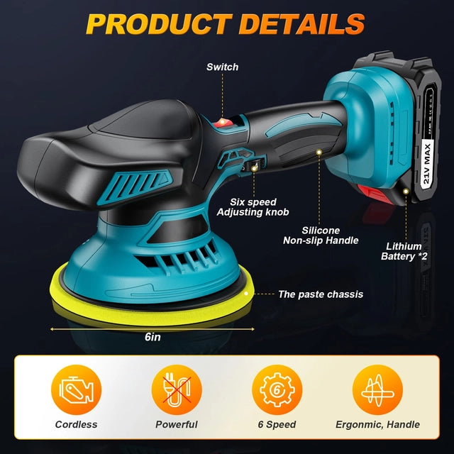 Cordless Buffer Polisher - 6 inch with 2pcs, 21v 2000mAh Lithium Battery