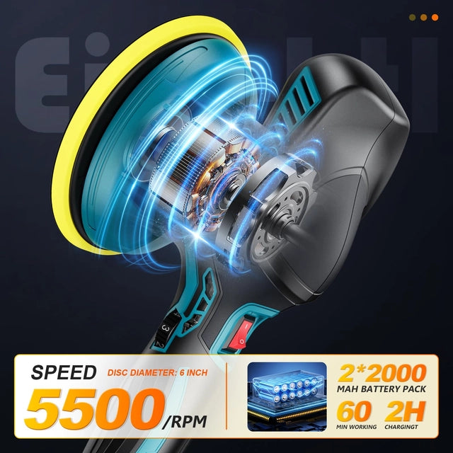 Cordless Buffer Polisher - 6 inch with 2pcs, 21v 2000mAh Lithium Battery