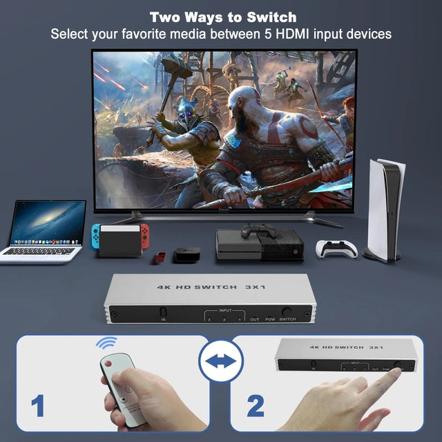 E-SHIDAI HDMI Switch, 3 in 1 Out, Supports 4K