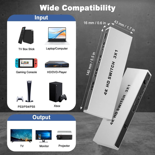 E-SHIDAI HDMI Switch, 3 in 1 Out, Supports 4K
