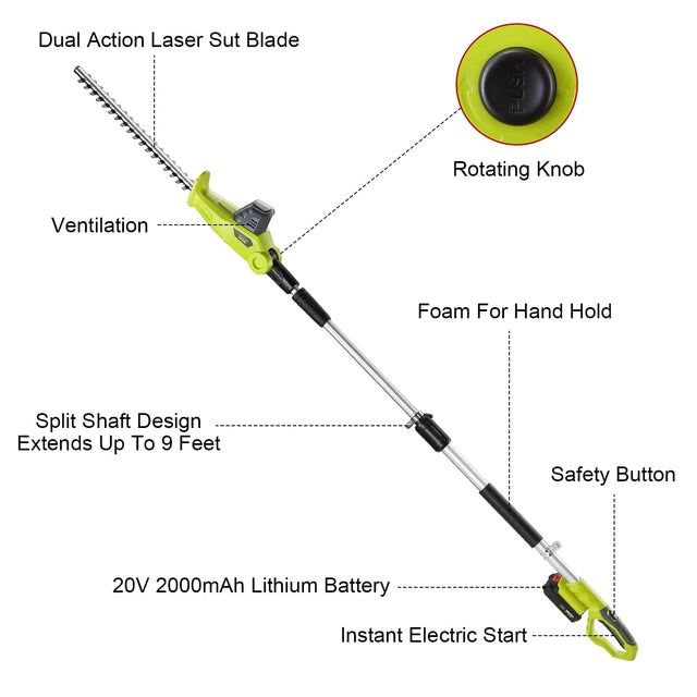 Cordless Pole Hedge Trimmer, 51cm Cutting Length, 2.4m Extension Pole