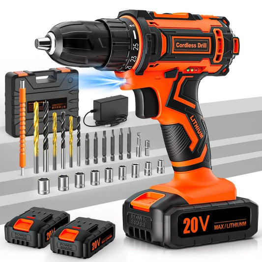 FAHEFANA 20v Cordless Drill, Drill Set, 2 Batteries, 2000mah and Charger