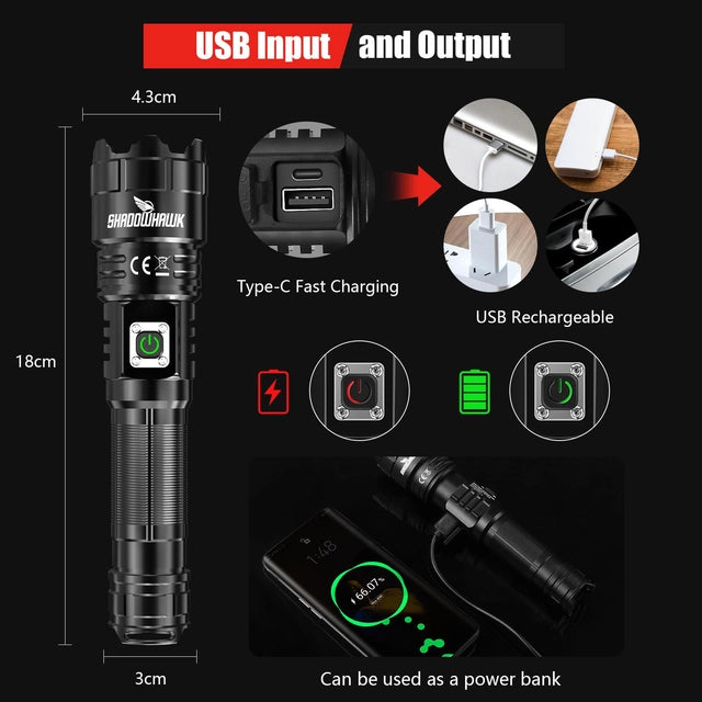 Shadowhawk LED Torch, Super Bright, 500000 Lumens, USB