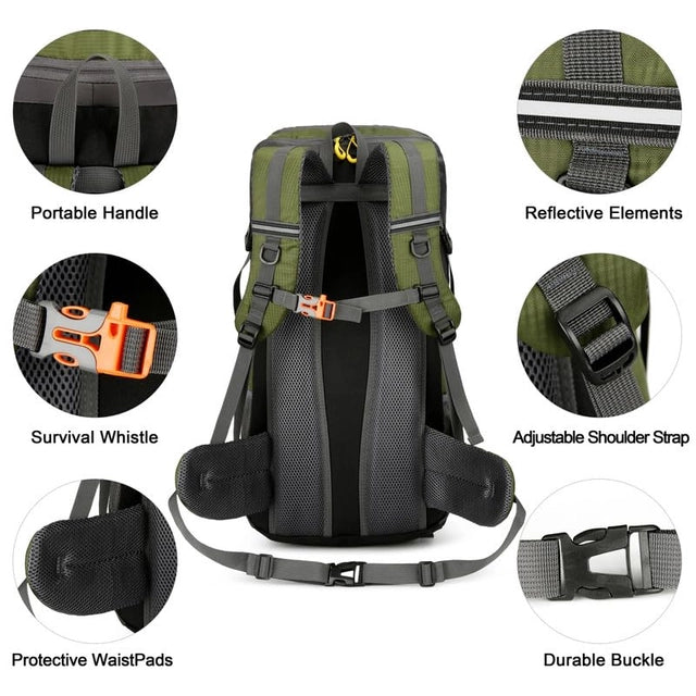 Waterproof 50L Hiking Backpack, Lightweight with Rain Cover.