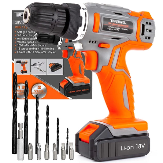 Terratek Cordless Drill Driver, 18V Lithium-Ion, 13Pc Electric Screwdriver Set