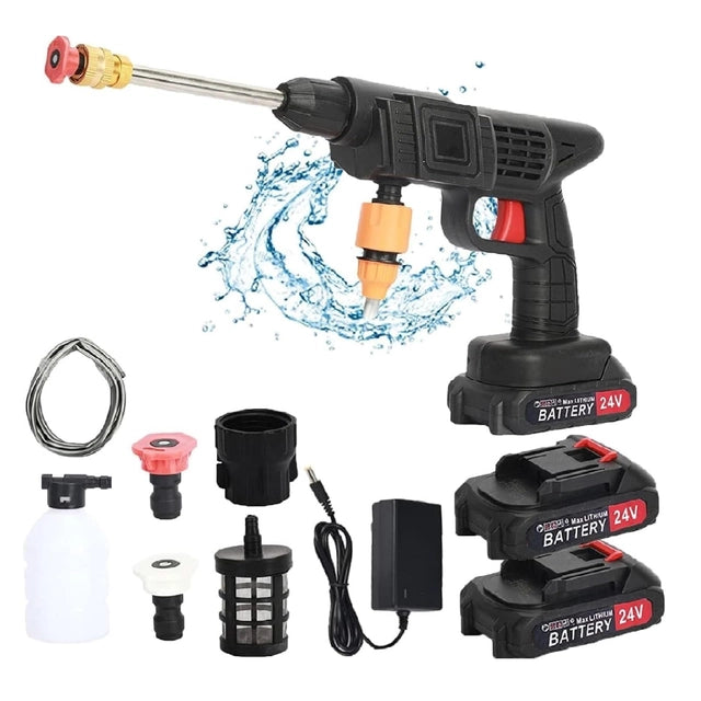2x 1500mAh Batteries, Charger, Container, Hose and 3 Nozzles for a Cordless Portable Pressure Washer