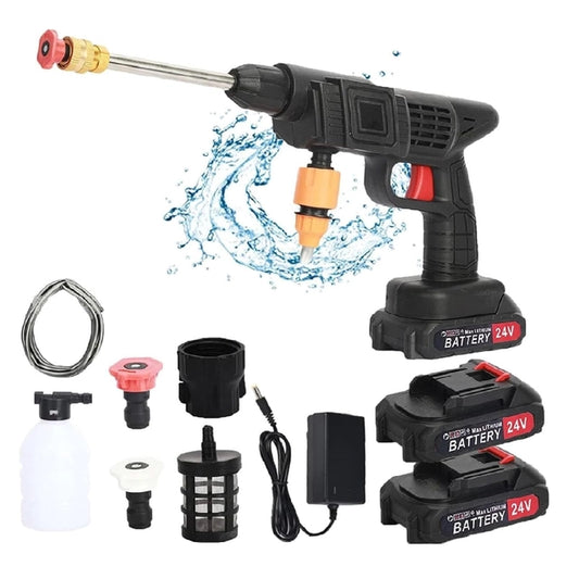 2x 1500mAh Batteries, Charger, Container, Hose and 3 Nozzles for a Cordless Portable Pressure Washer