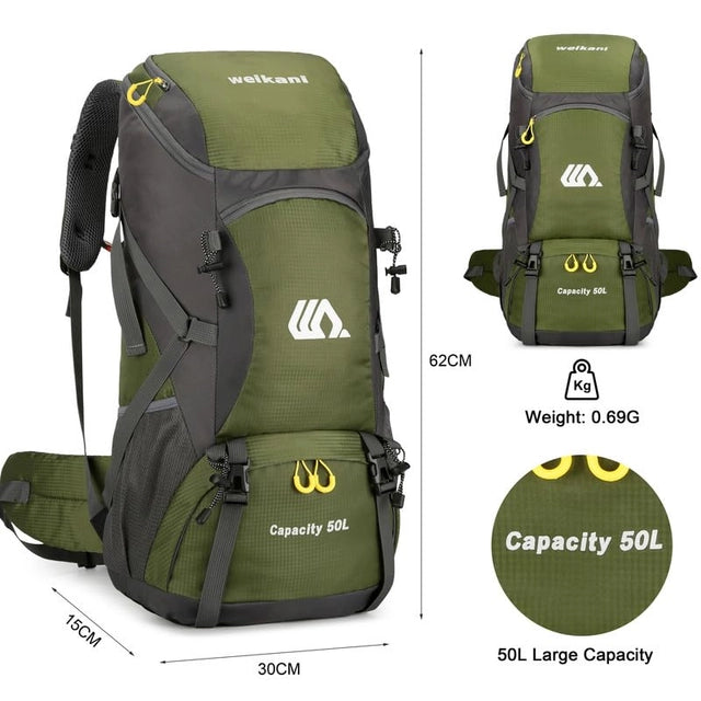Waterproof 50L Hiking Backpack, Lightweight with Rain Cover.