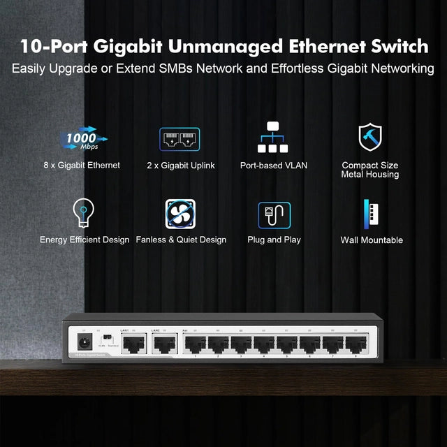 YuLinca 10 Port Gigabit Ethernet Switch, 8 x 100/1000Mbps Ports, 2 Gigabit Uplink