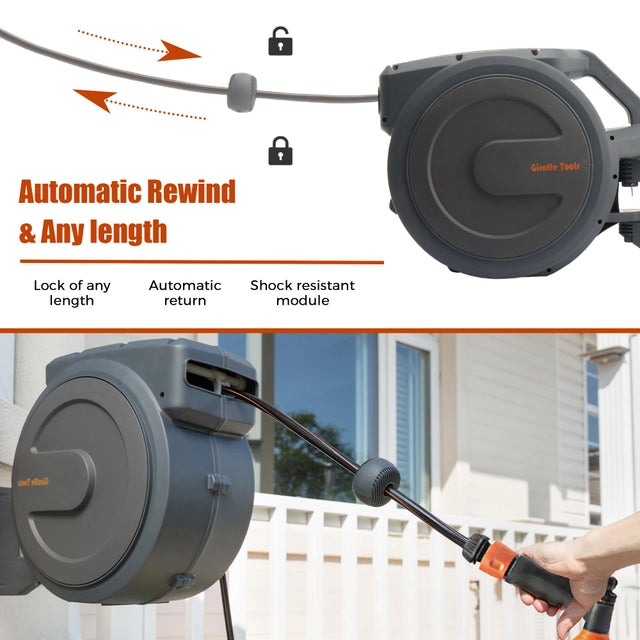Retractable Hose Reel with 7 in 1 Spray Nozzle, Wall Mounted, 25+2m