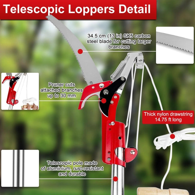 Caossuixin 2-in-1 Telescopic Tree Loppers, 2.7ft to 13ft Long Reach, Carbon Steel Blade