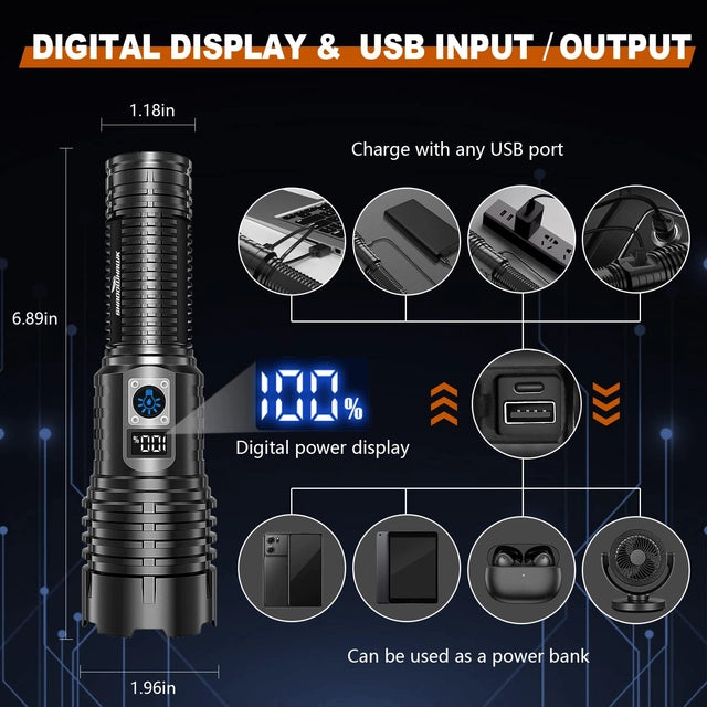 Shadowhawk LED Torch, Super Bright, Rechargeable, 500000 Lumens