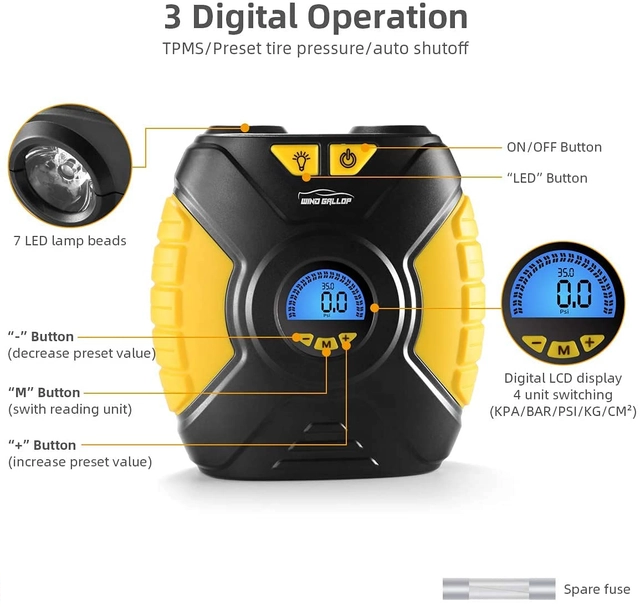 Wind Gallop Digital Tyre Inflator, Air Compressor 300L/min, Auto Shutoff – 12V DC