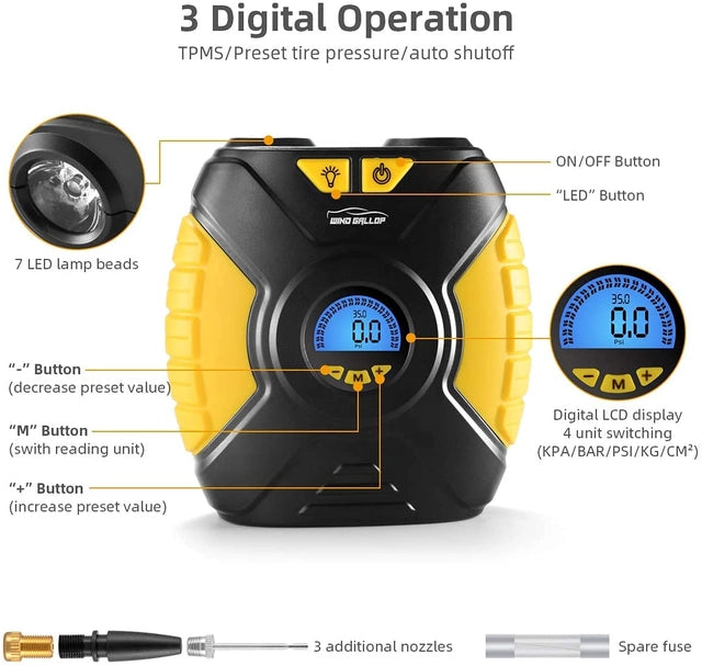 Wind Gallop Digital Tyre Inflator, Air Compressor 300L/min, Auto Shutoff – 12V DC