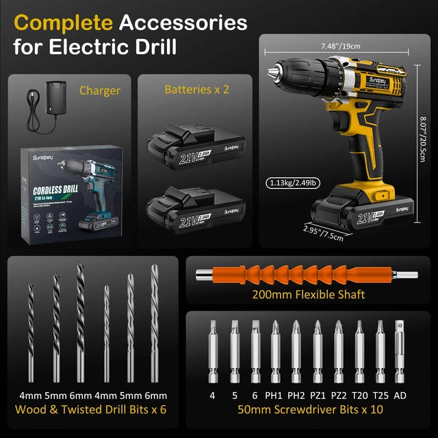 Sundpey Cordless Drill Set 21v - Drill Driver with 2 Batteries 2.0Ah