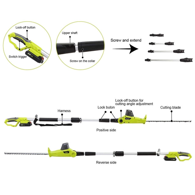 Cordless Pole Hedge Trimmer, 51cm Cutting Length, 2.4m Extension Pole