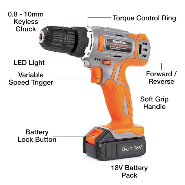 Terratek Cordless Drill Driver, 18V Lithium-Ion, 13Pc Electric Screwdriver Set