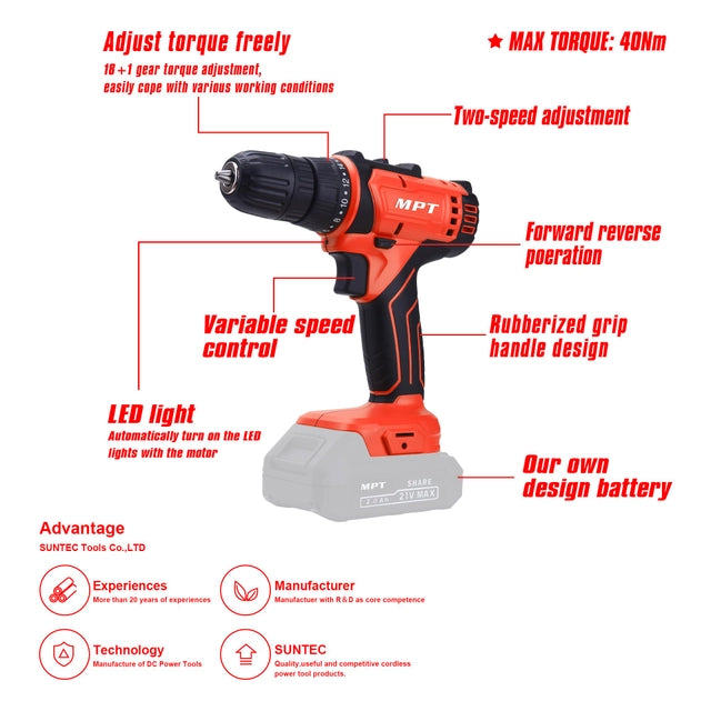 Cordless 21v Drill Driver, Cordless with 2 Batteries  and Charger - 37pc Set