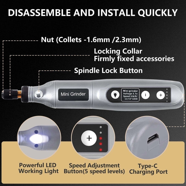 Cordless Mini Rotary Tool Kit, 5 Speed, USB Charging