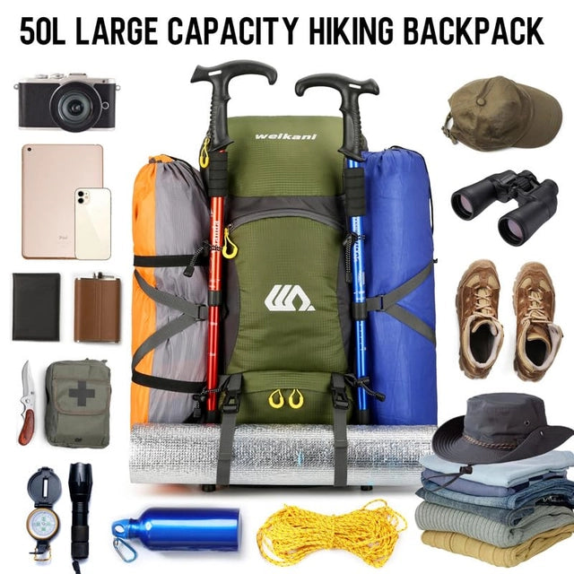 Waterproof 50L Hiking Backpack, Lightweight with Rain Cover.