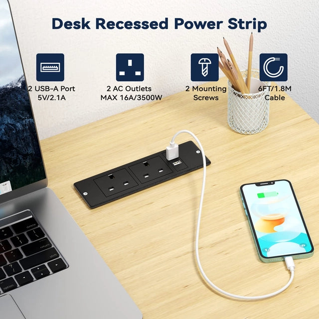 Recessed Power Strip with 2 Outlets and 2 USB