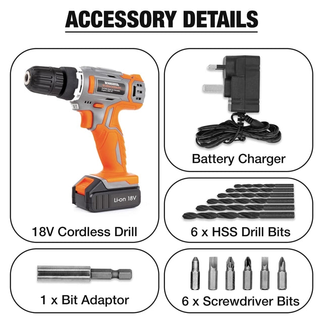 Terratek Cordless Drill Driver, 18V Lithium-Ion, 13Pc Electric Screwdriver Set